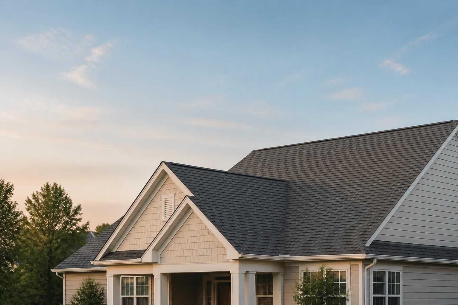 Finished residential roof with open sky space for call-to-action text.